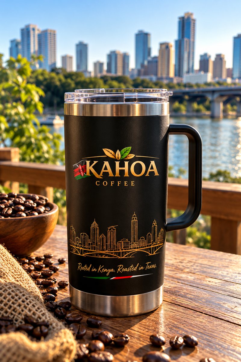 Kahoa travel mug with Austin skyline